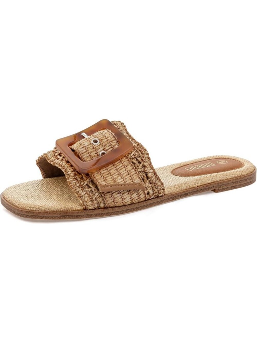 Stylish Raffia Flat Sandals for Women - Square Toe, Buckle, Summer Beach Slides